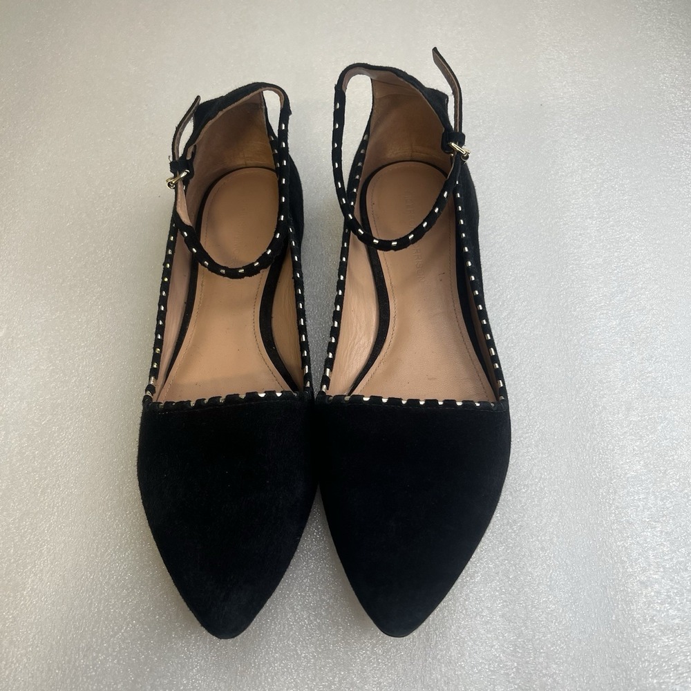 Belle Sigerson Morrison Black suede Flat Ballerina ANKLE Strap Gold Trim Sz 10 - Picture 3 of 13